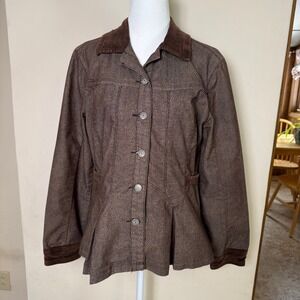 LAL Live a Little Womens Brown Textured Peplum Jacket Button Front Size M